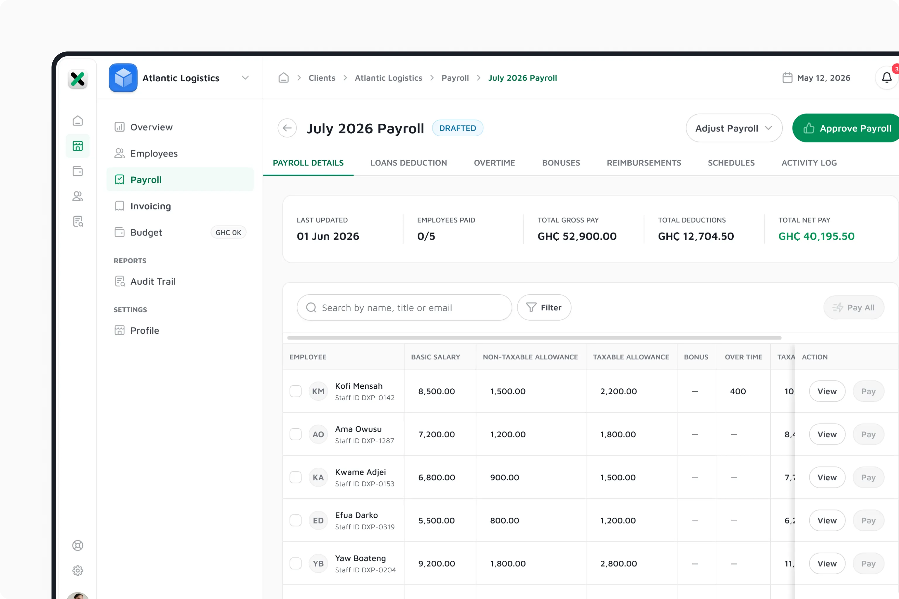 DexwinPay payroll dashboard listing employees